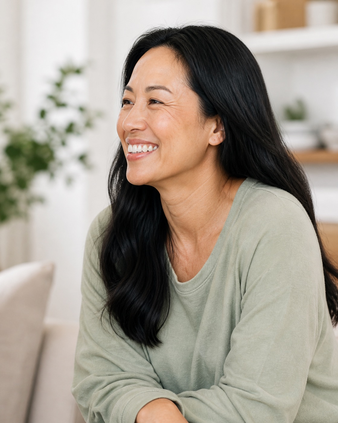 Woman in midlife, smiling, looking ahead with ease