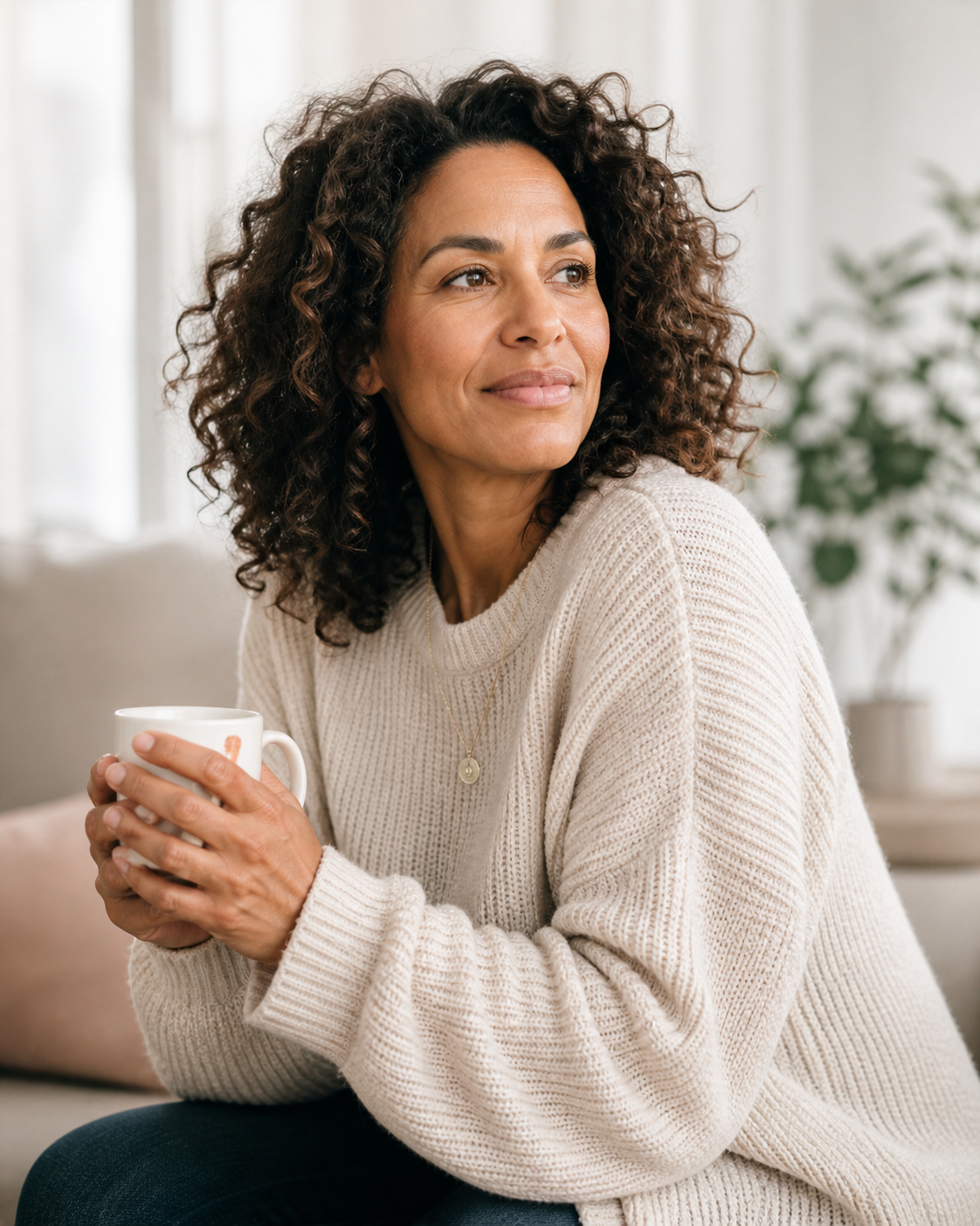 Woman with curly hair holding a mug of coffee, seated calmly at home